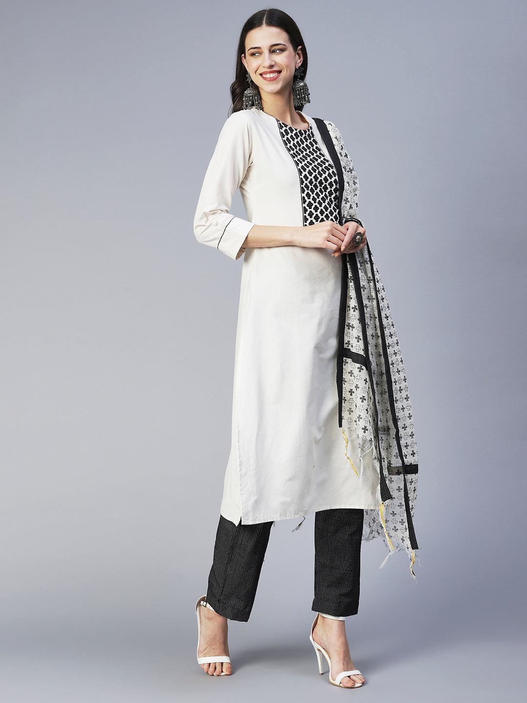 Solid Applique Kurta With Striped Pants & Printed Dupatta - Off White - Indiakreations