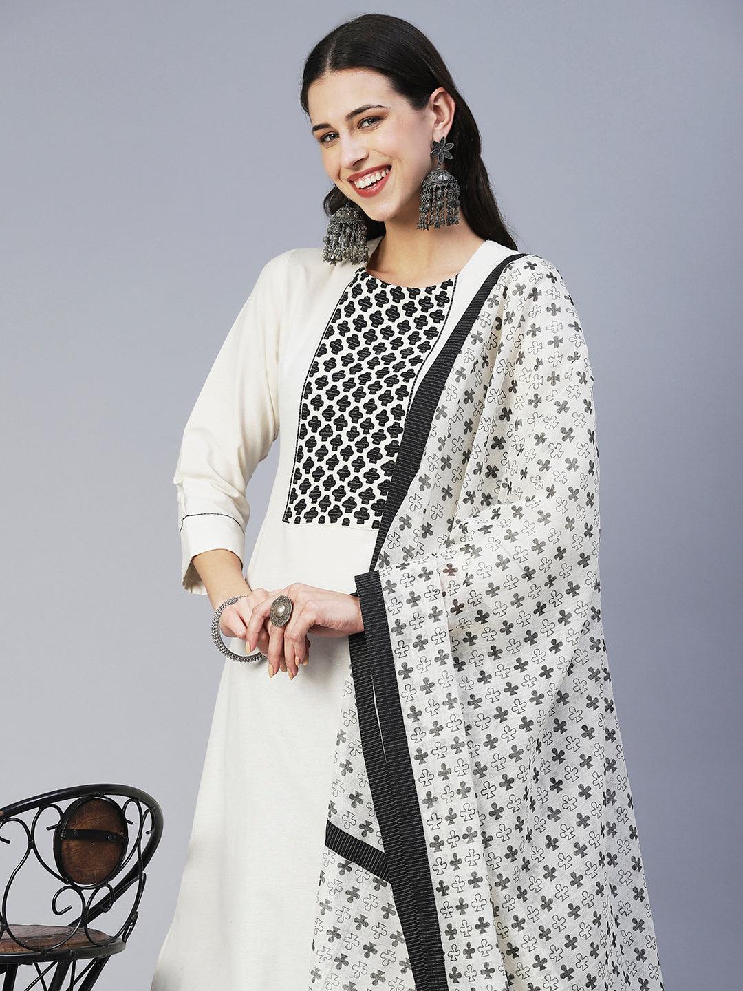 Solid Applique Kurta With Striped Pants & Printed Dupatta - Off White - Indiakreations