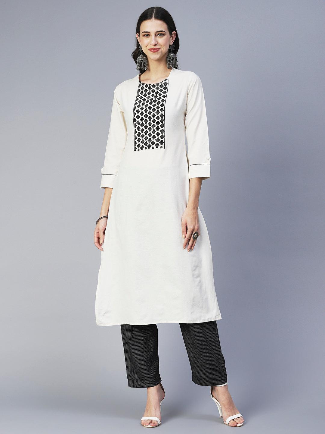 Solid Applique Kurta With Striped Pants & Printed Dupatta - Off White - Indiakreations