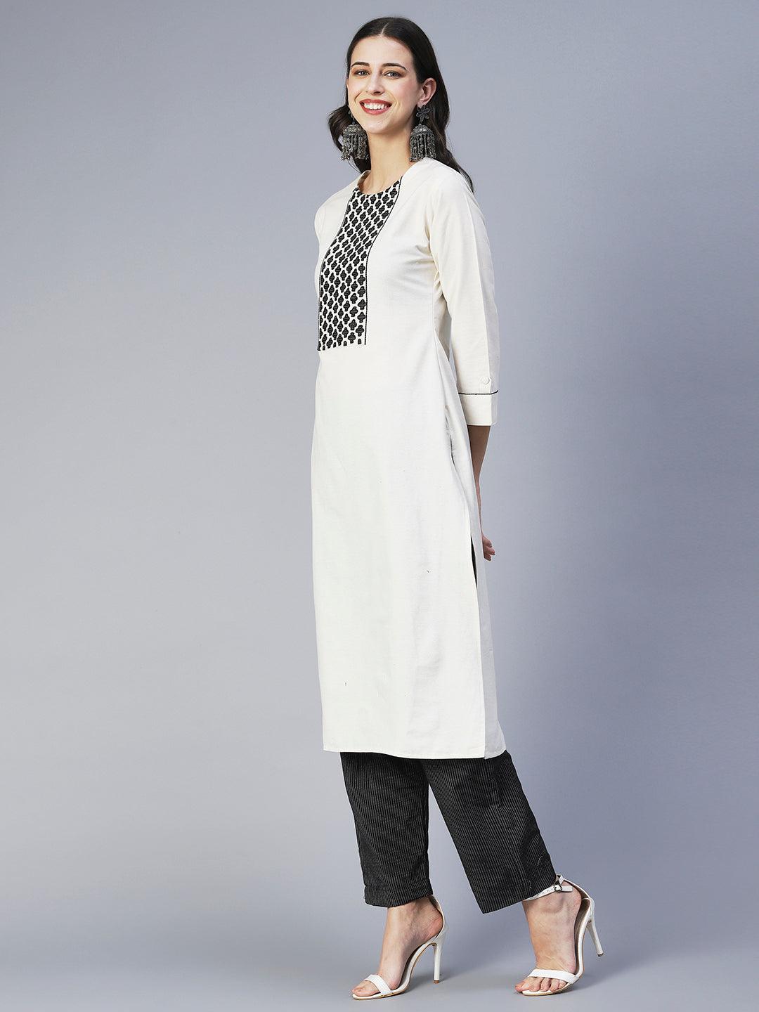 Solid Applique Kurta With Striped Pants & Printed Dupatta - Off White - Indiakreations