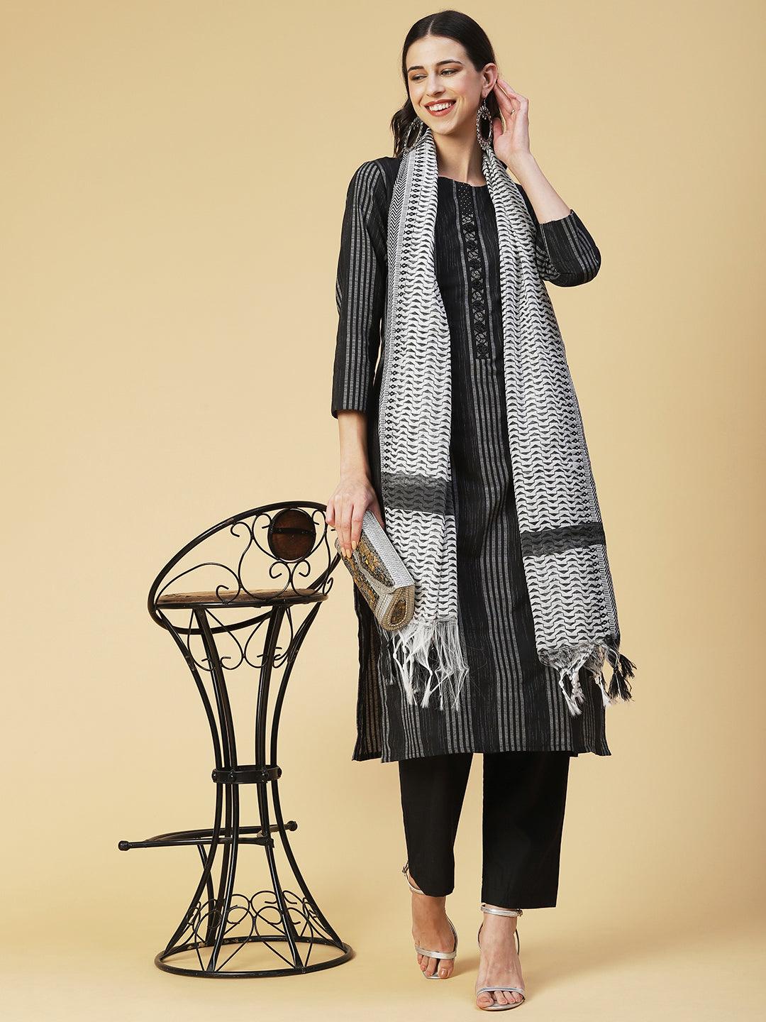 Woven Striped Beaded Kurta With Pants & Printed Dupatta - Black - Indiakreations