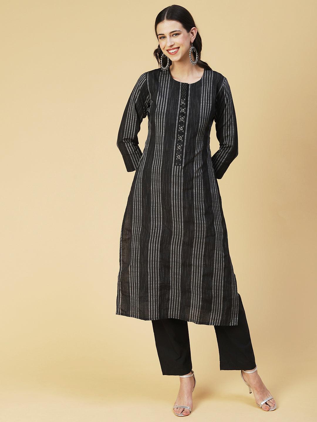 Woven Striped Beaded Kurta With Pants & Printed Dupatta - Black - Indiakreations