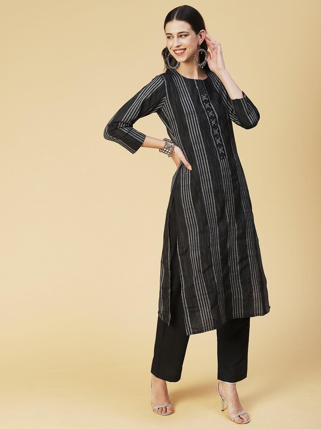 Woven Striped Beaded Kurta With Pants & Printed Dupatta - Black - Indiakreations