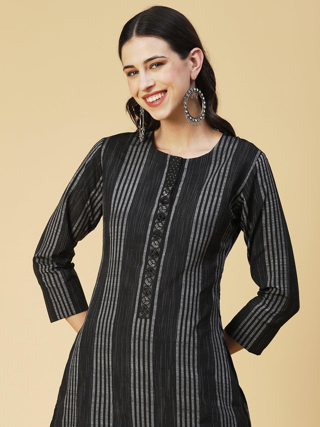 Woven Striped Beaded Kurta With Pants & Printed Dupatta - Black - Indiakreations