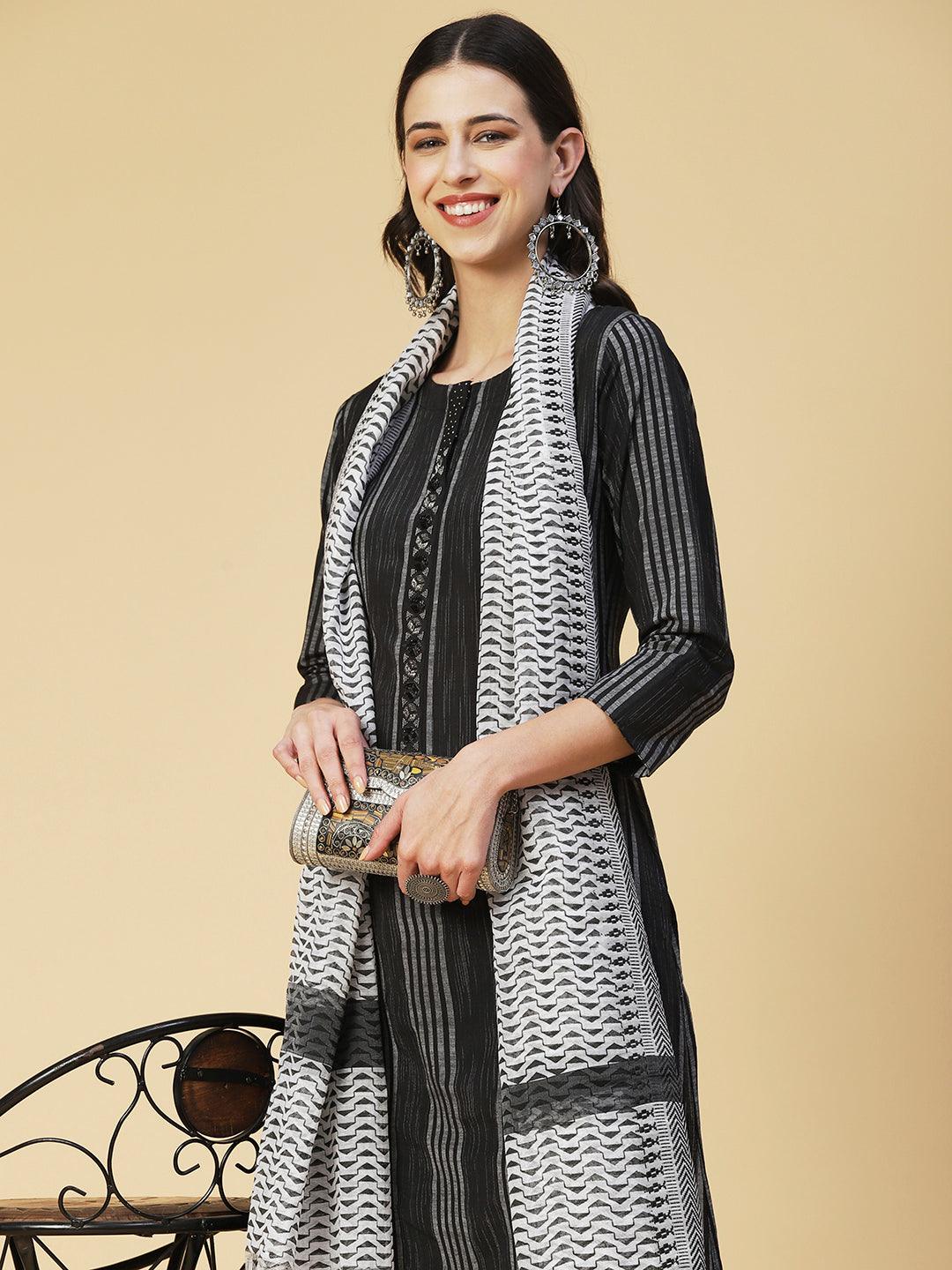 Woven Striped Beaded Kurta With Pants & Printed Dupatta - Black - Indiakreations