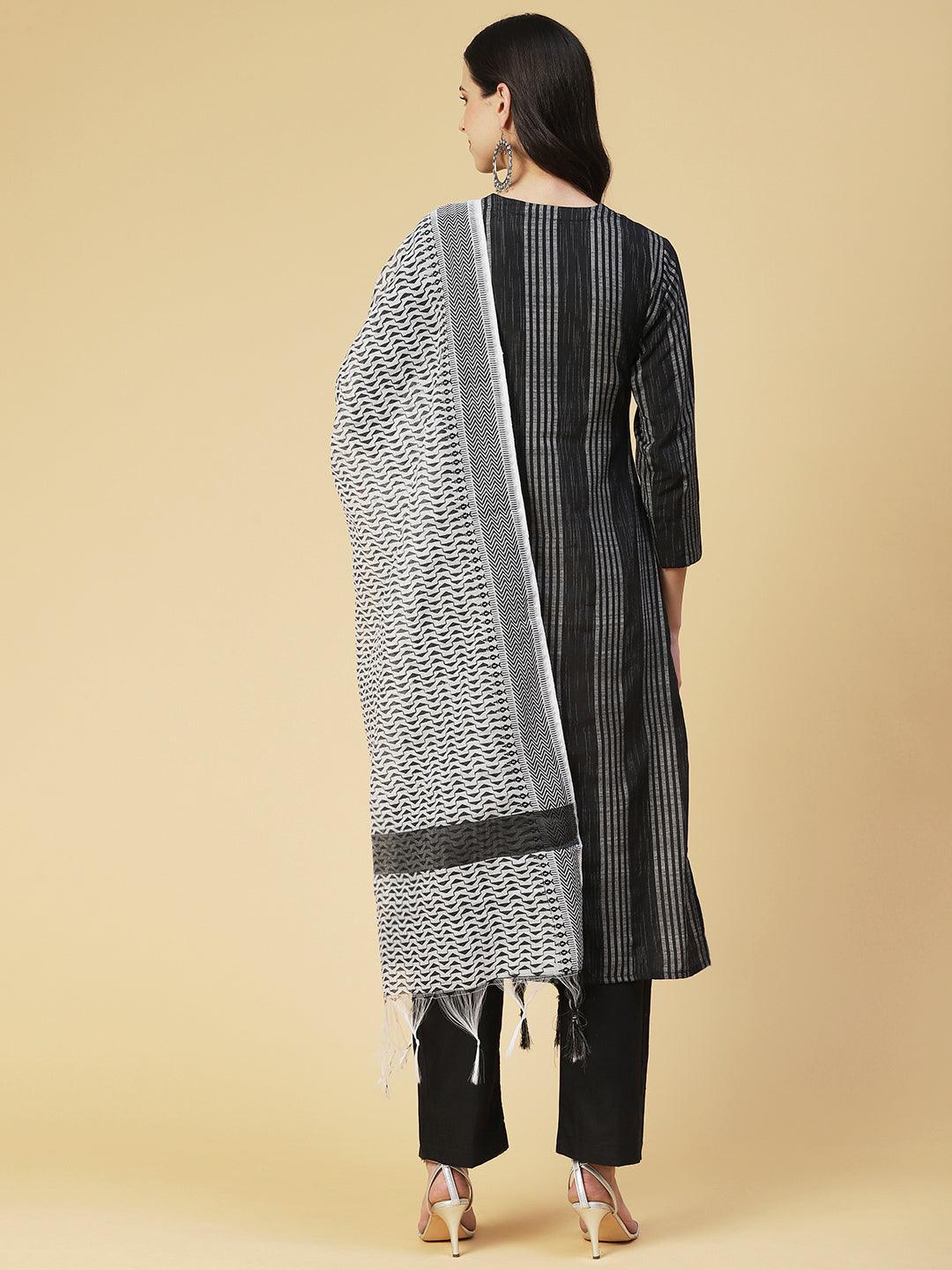 Woven Striped Beaded Kurta With Pants & Printed Dupatta - Black - Indiakreations