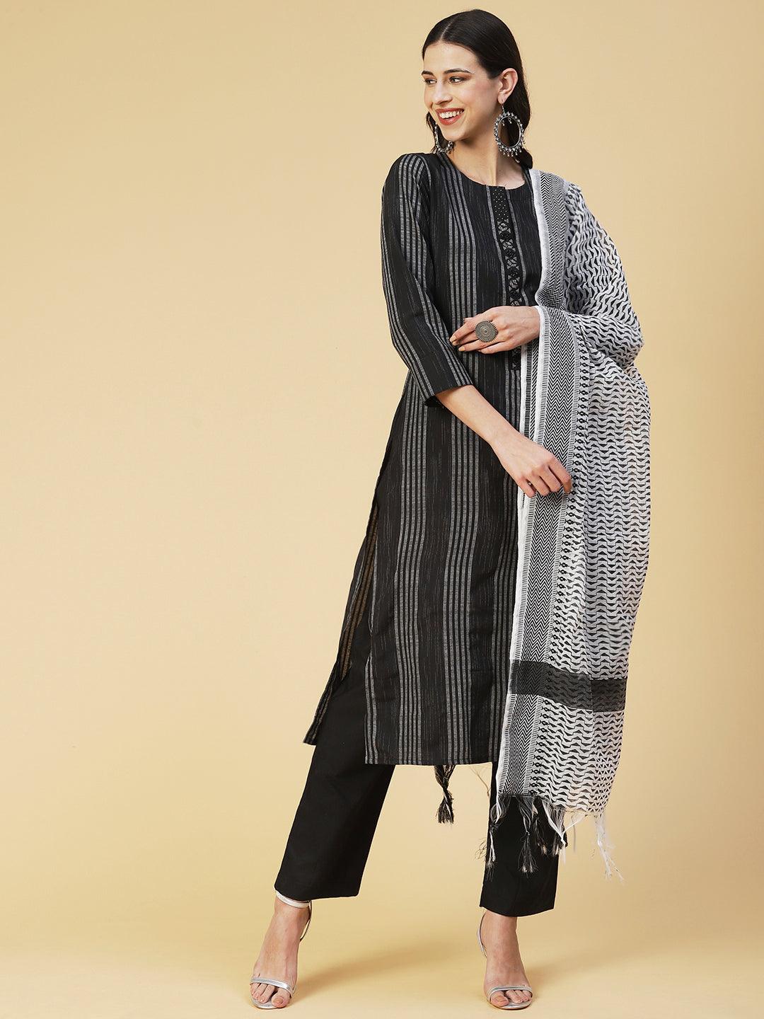 Woven Striped Beaded Kurta With Pants & Printed Dupatta - Black - Indiakreations