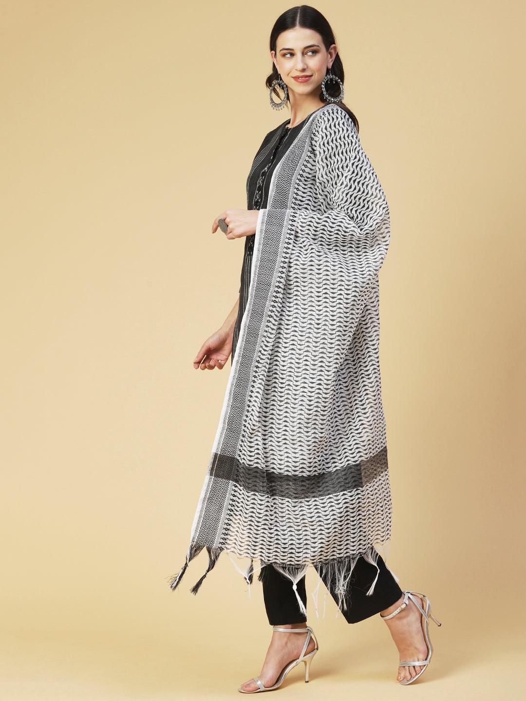 Woven Striped Beaded Kurta With Pants & Printed Dupatta - Black - Indiakreations