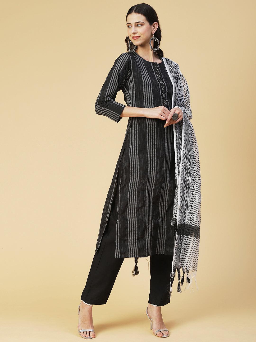 Woven Striped Beaded Kurta With Pants & Printed Dupatta - Black - Indiakreations