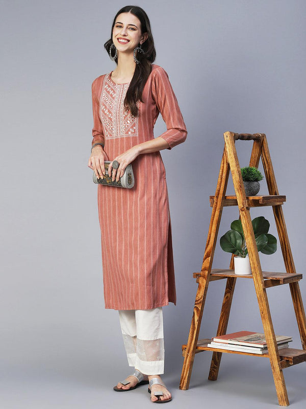 Stripes Woven & Embroidered Straight Fit Kurta - Copper - Indiakreations