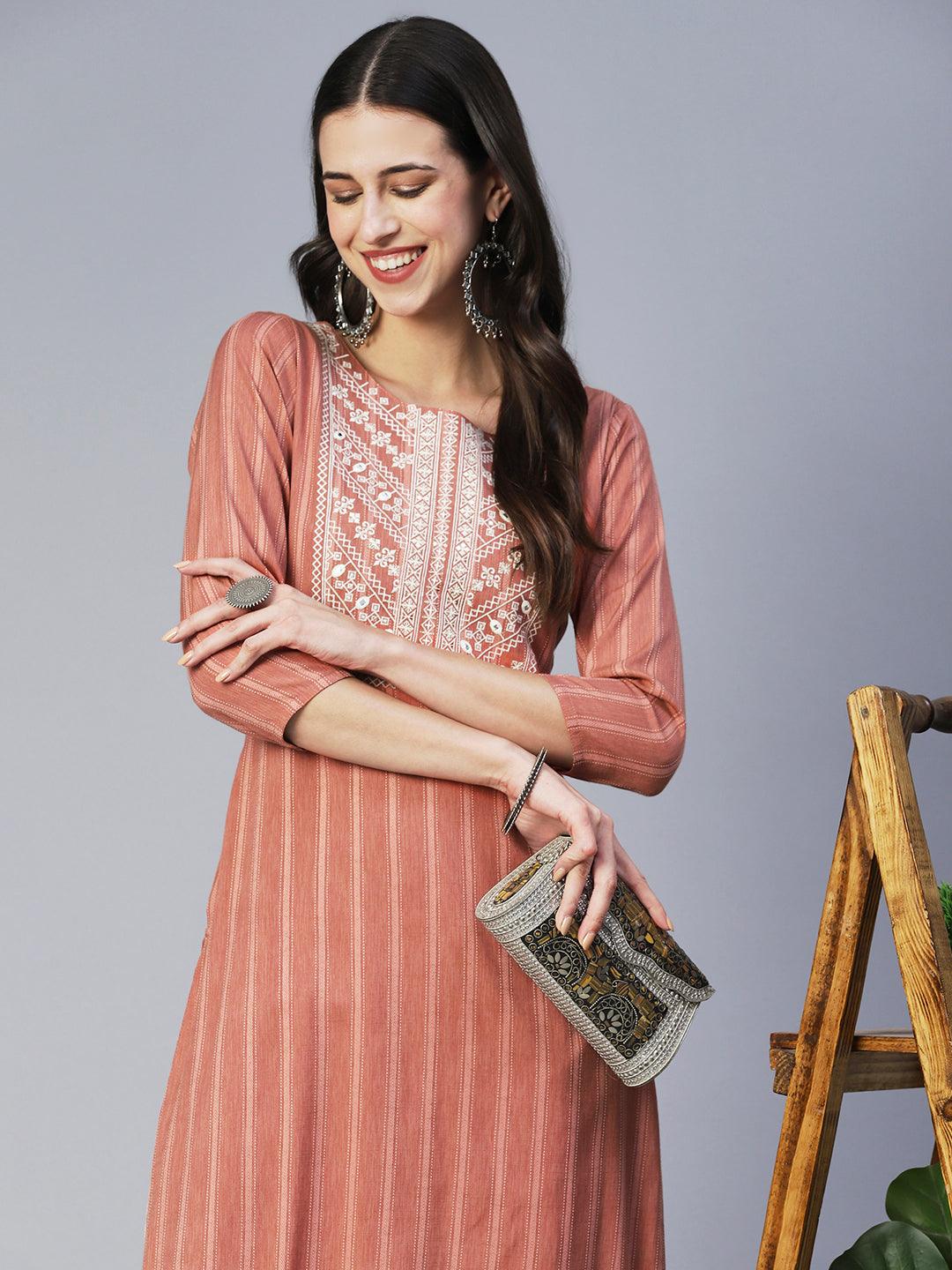 Stripes Woven & Embroidered Straight Fit Kurta - Copper - Indiakreations