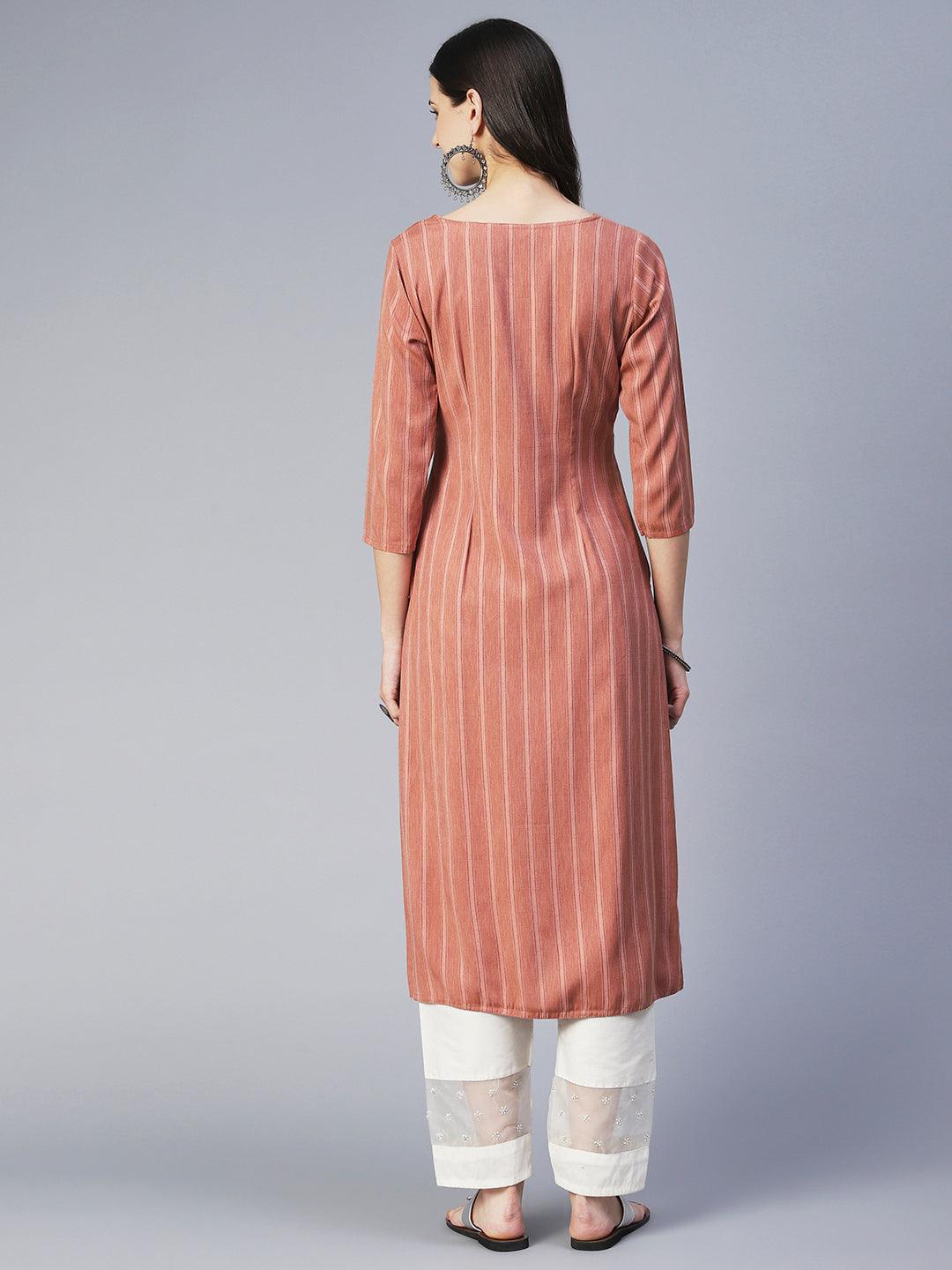 Stripes Woven & Embroidered Straight Fit Kurta - Copper - Indiakreations