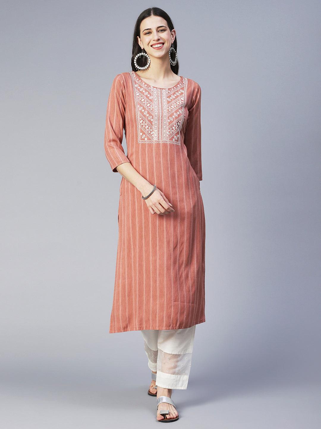 Stripes Woven & Embroidered Straight Fit Kurta - Copper - Indiakreations