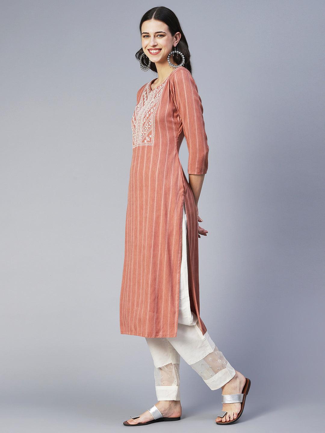 Stripes Woven & Embroidered Straight Fit Kurta - Copper - Indiakreations