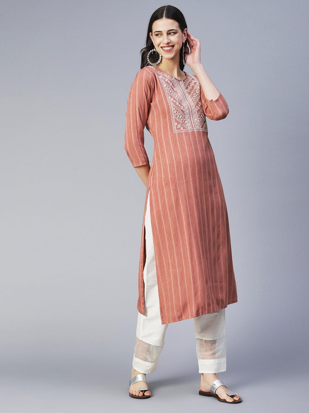 Stripes Woven & Embroidered Straight Fit Kurta - Copper - Indiakreations