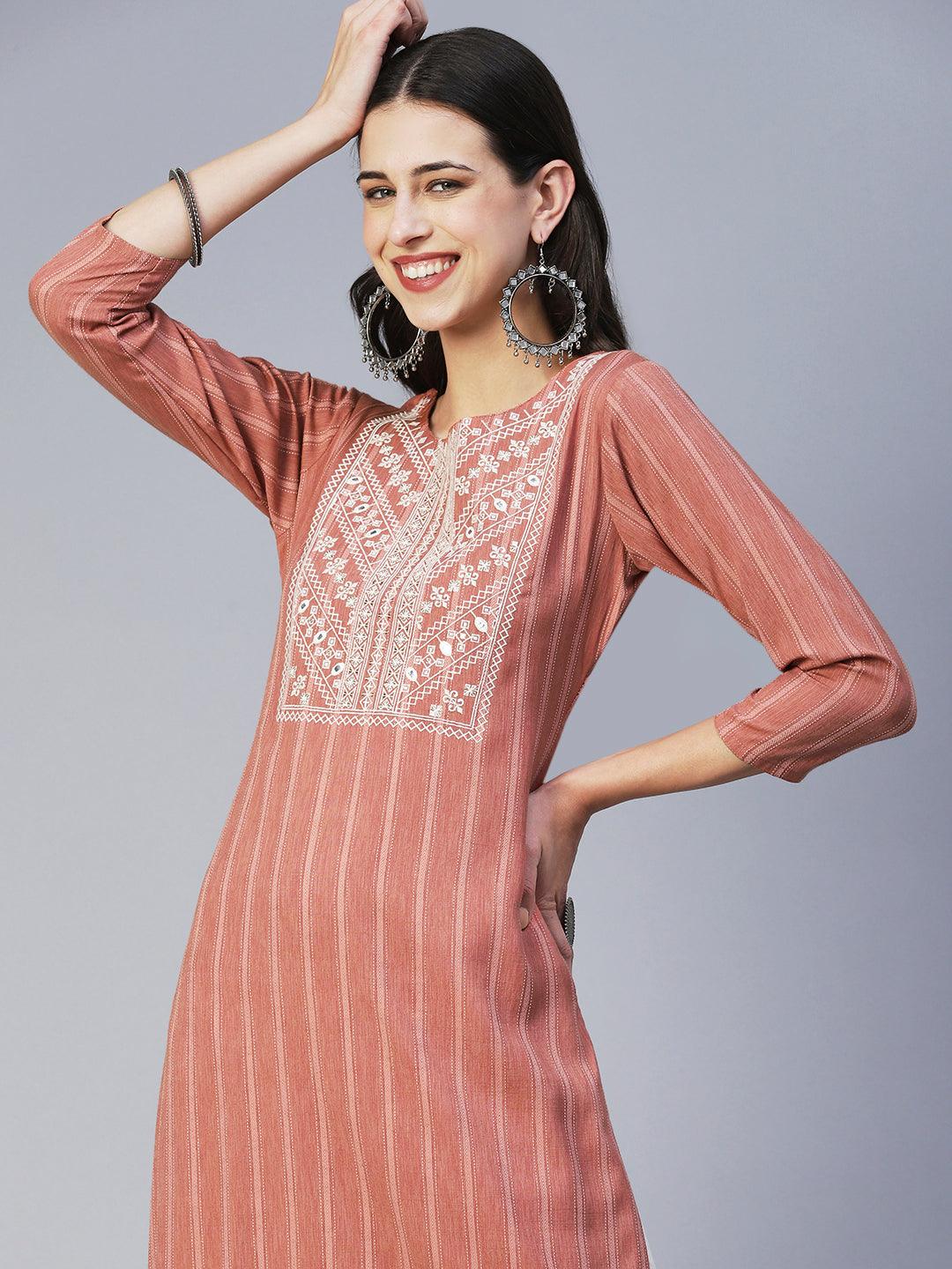 Stripes Woven & Embroidered Straight Fit Kurta - Copper - Indiakreations