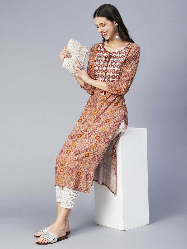 Ethnic Printed & Embroidered Straight Fit Kurta - Mauve - Indiakreations