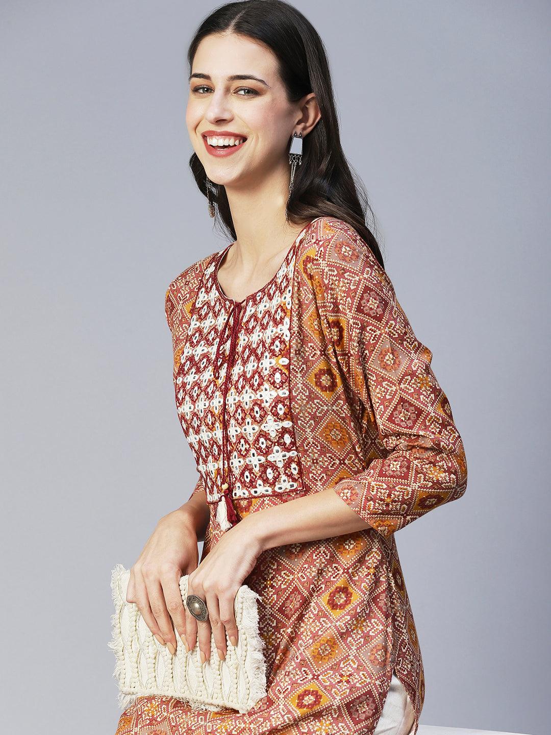 Ethnic Printed & Embroidered Straight Fit Kurta - Mauve - Indiakreations