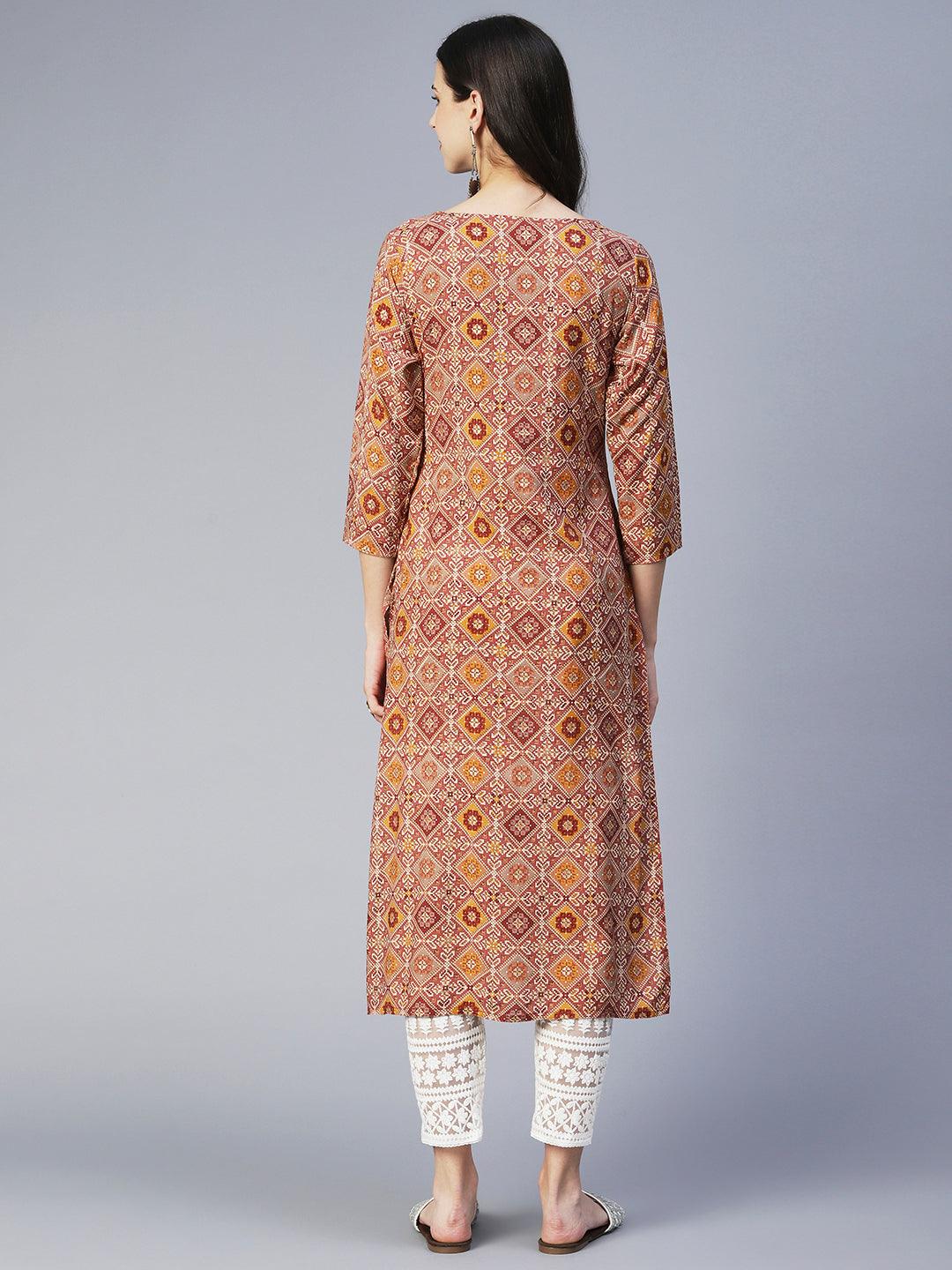 Ethnic Printed & Embroidered Straight Fit Kurta - Mauve - Indiakreations