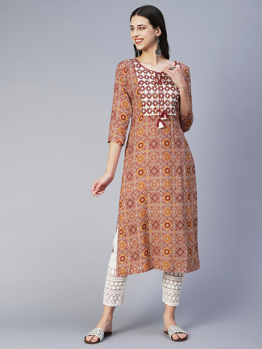 Ethnic Printed & Embroidered Straight Fit Kurta - Mauve - Indiakreations