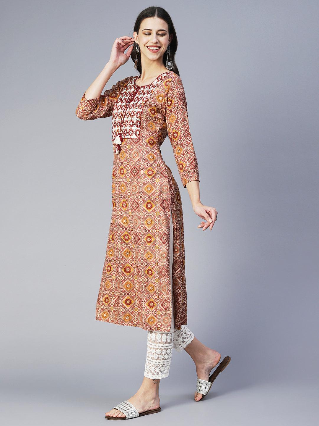 Ethnic Printed & Embroidered Straight Fit Kurta - Mauve - Indiakreations