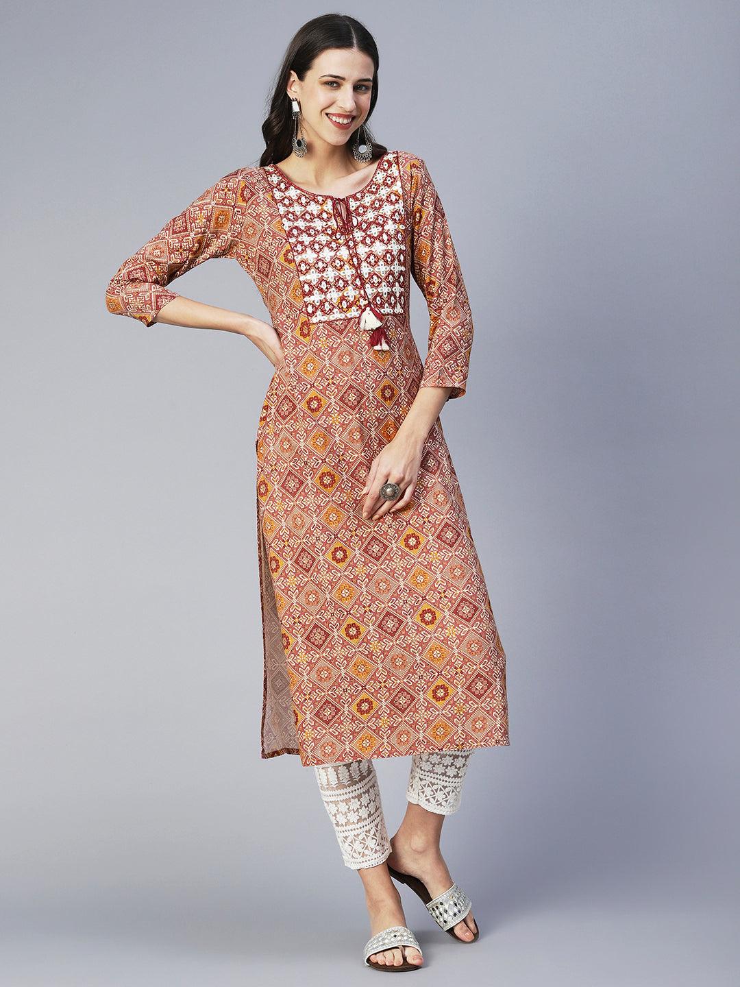 Ethnic Printed & Embroidered Straight Fit Kurta - Mauve - Indiakreations