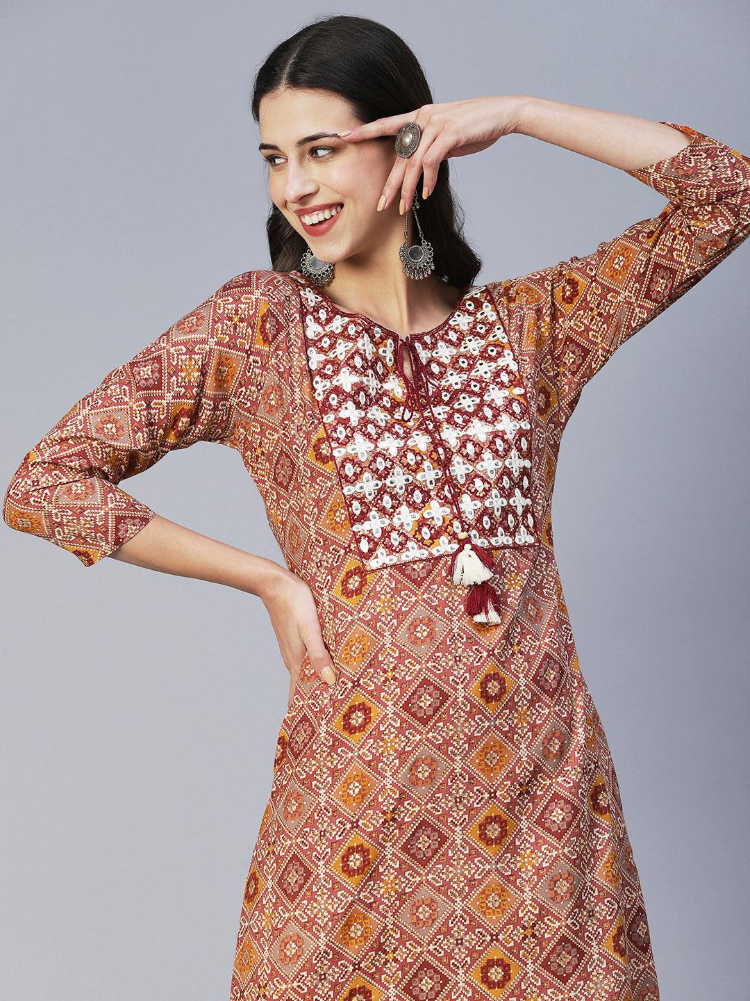 Ethnic Printed & Embroidered Straight Fit Kurta - Mauve - Indiakreations