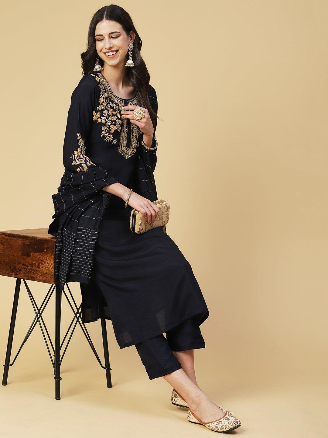 Solid Hand Embroidered Kurta With Pants & Dupatta - Navy Blue - Indiakreations