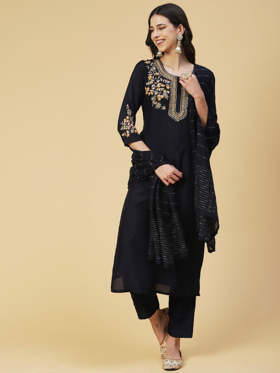 Solid Hand Embroidered Kurta With Pants & Dupatta - Navy Blue - Indiakreations