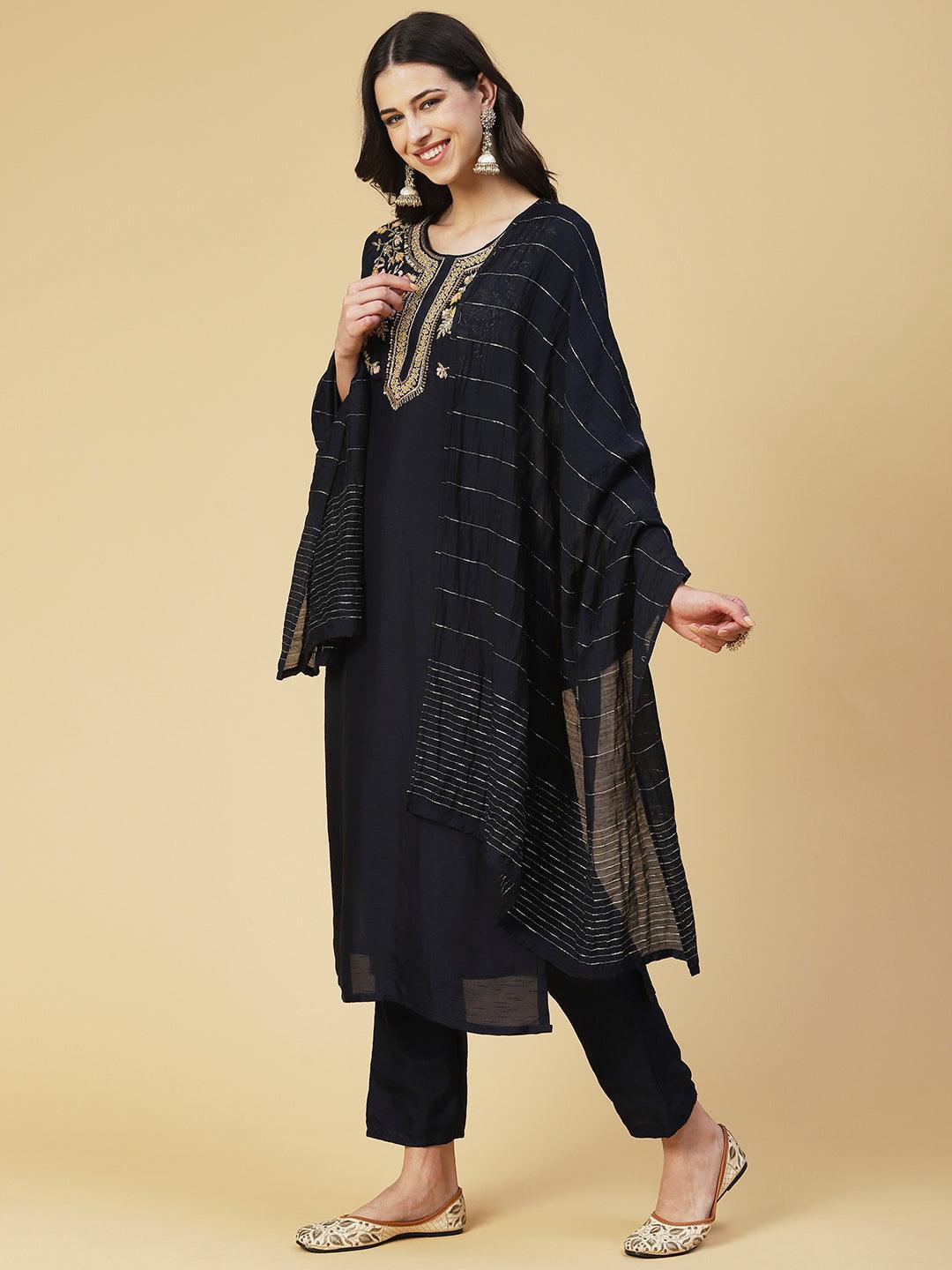 Solid Hand Embroidered Kurta With Pants & Dupatta - Navy Blue - Indiakreations