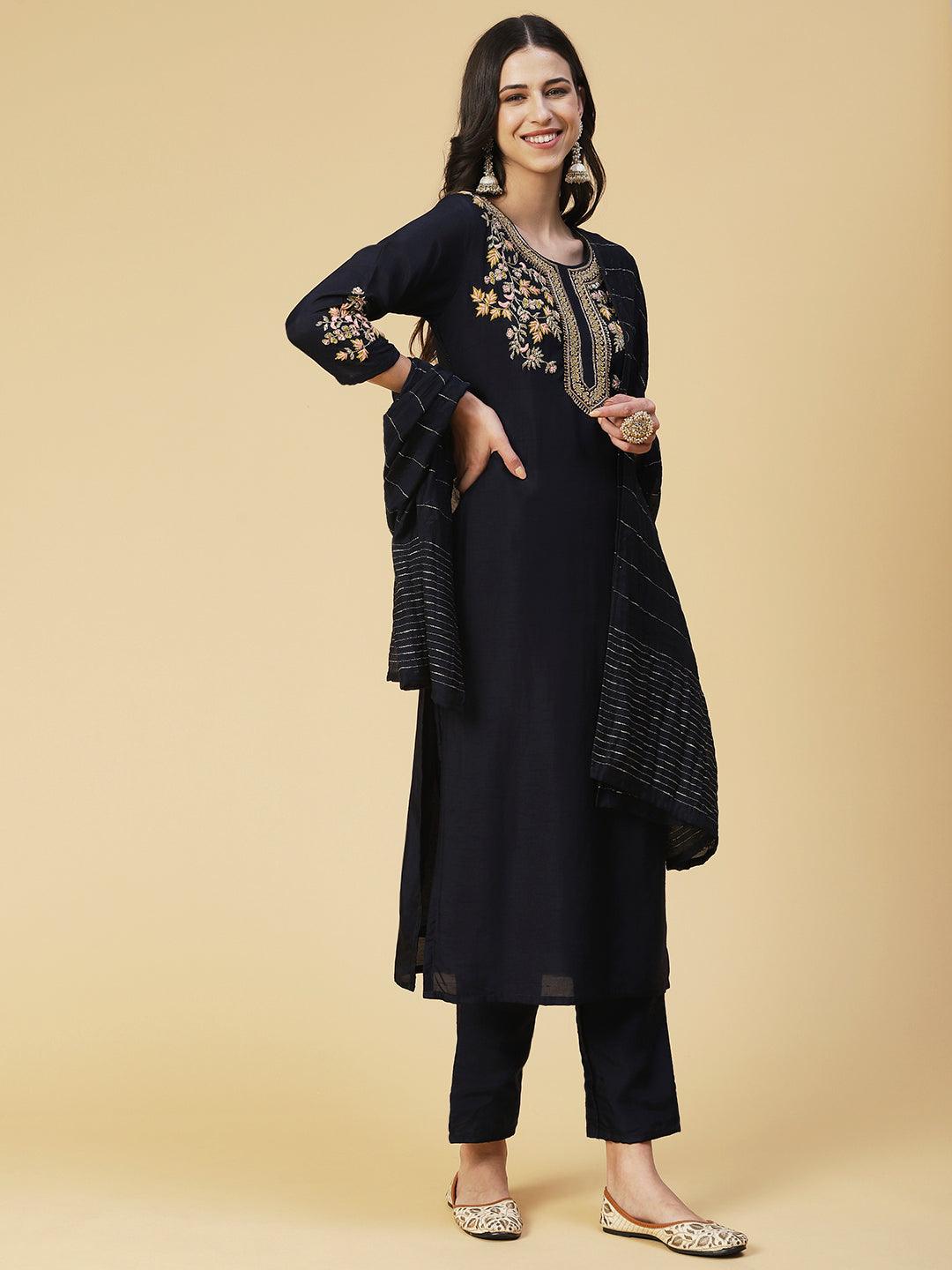 Solid Hand Embroidered Kurta With Pants & Dupatta - Navy Blue - Indiakreations