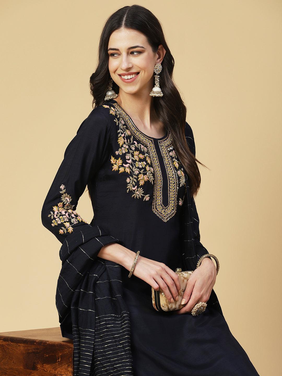 Solid Hand Embroidered Kurta With Pants & Dupatta - Navy Blue - Indiakreations