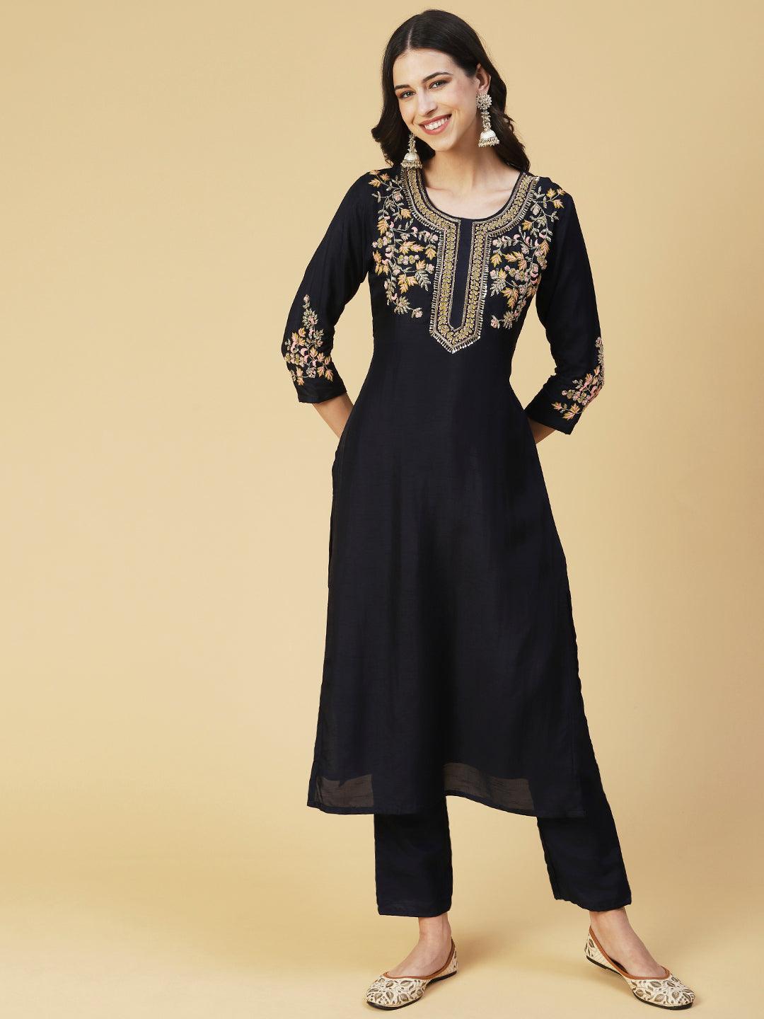 Solid Hand Embroidered Kurta With Pants & Dupatta - Navy Blue - Indiakreations