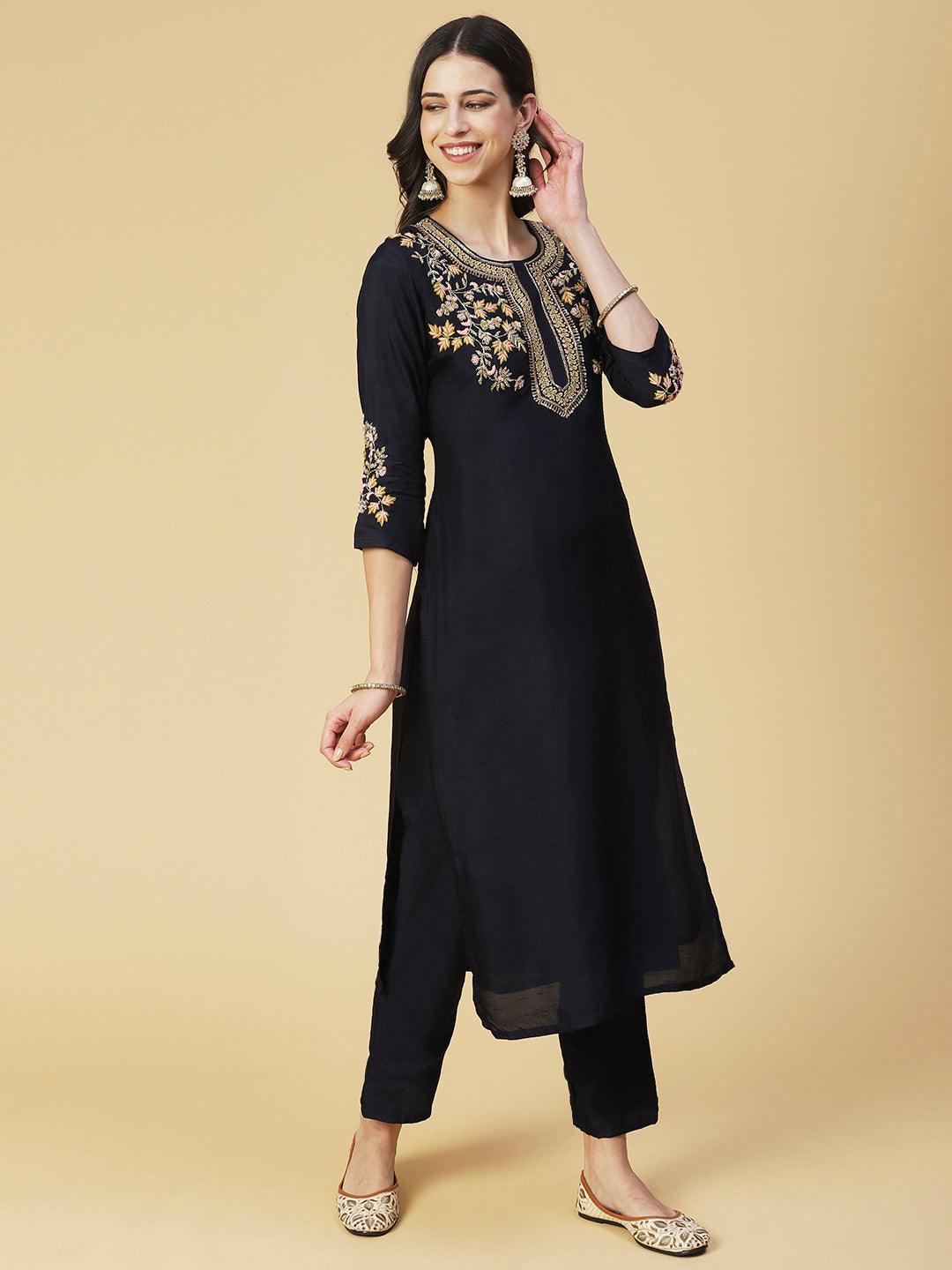 Solid Hand Embroidered Kurta With Pants & Dupatta - Navy Blue - Indiakreations