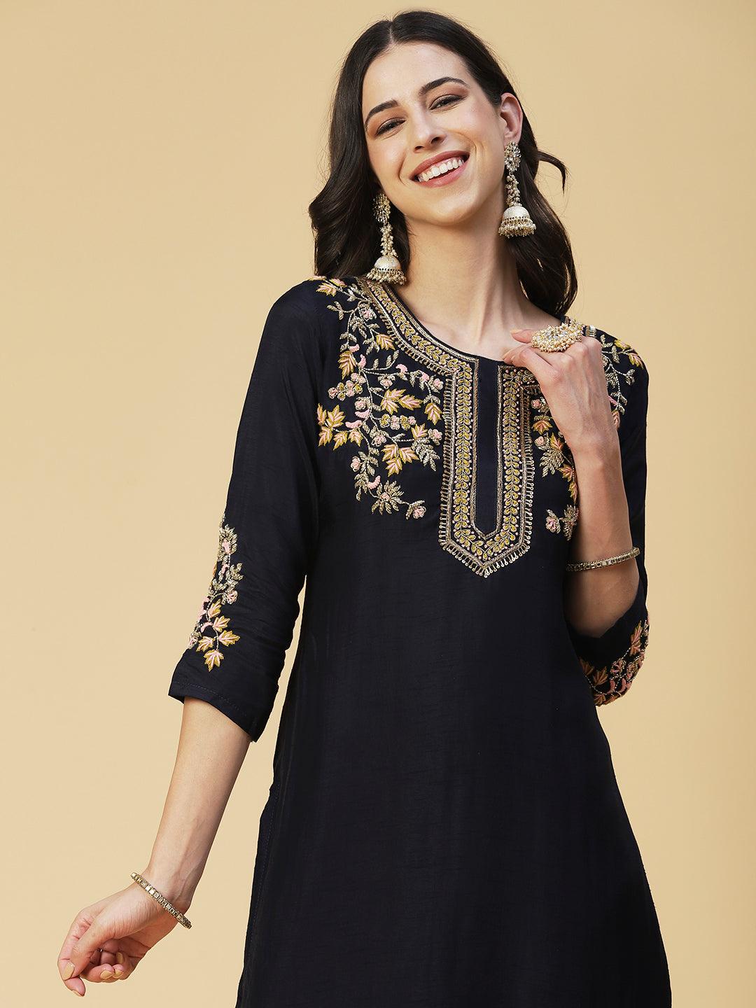 Solid Hand Embroidered Kurta With Pants & Dupatta - Navy Blue - Indiakreations