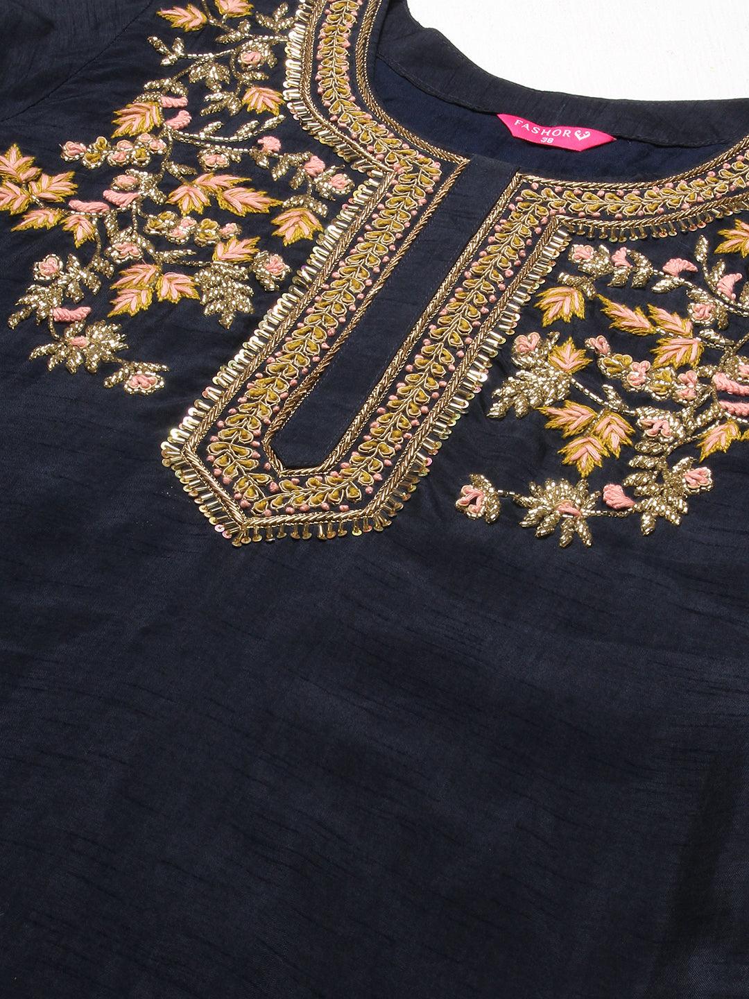 Solid Hand Embroidered Kurta With Pants & Dupatta - Navy Blue - Indiakreations