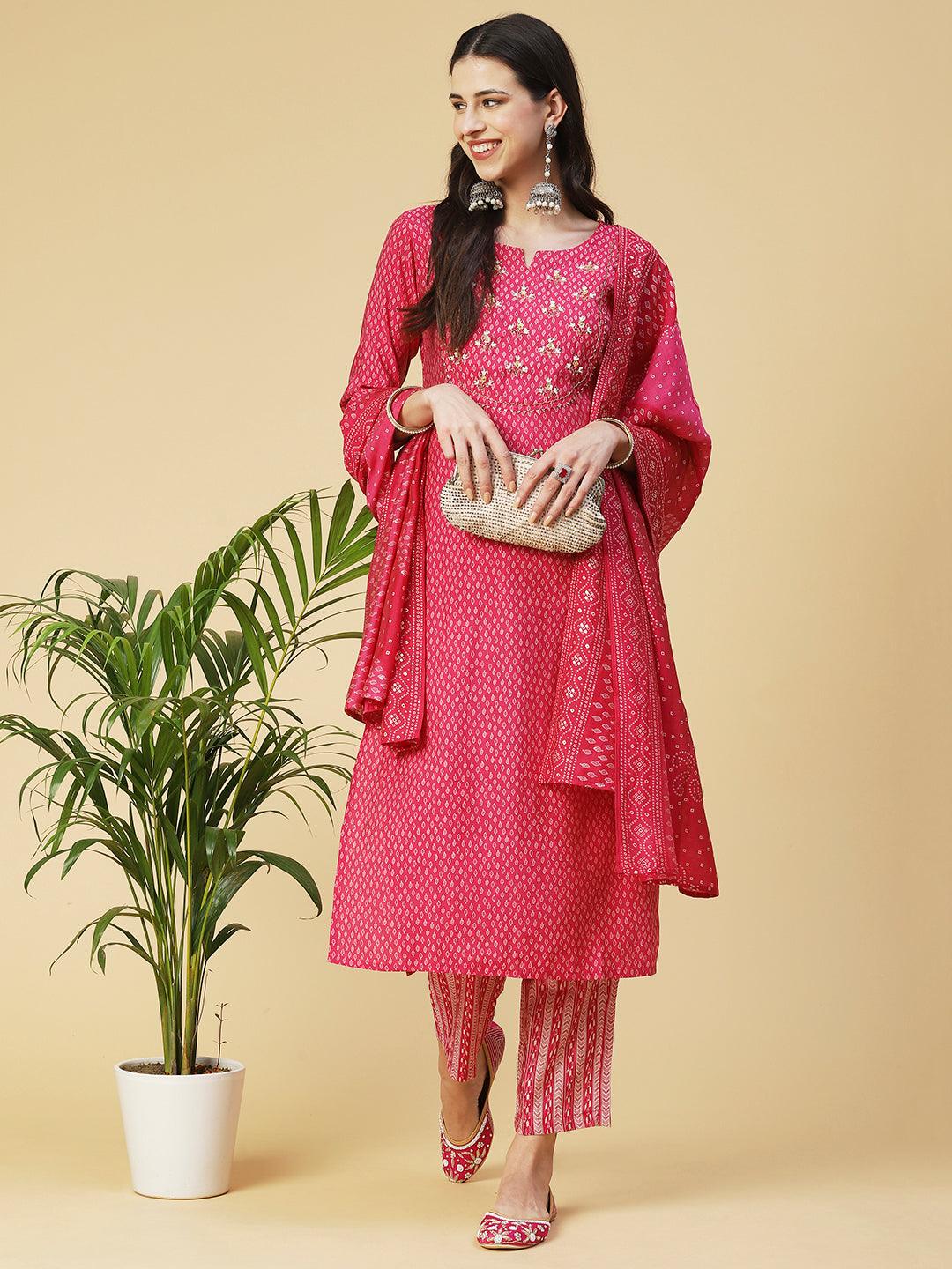 Ethnic Printed & Hand Embroidered Straight Kurta with Pant & Dupatta - Pink - Indiakreations