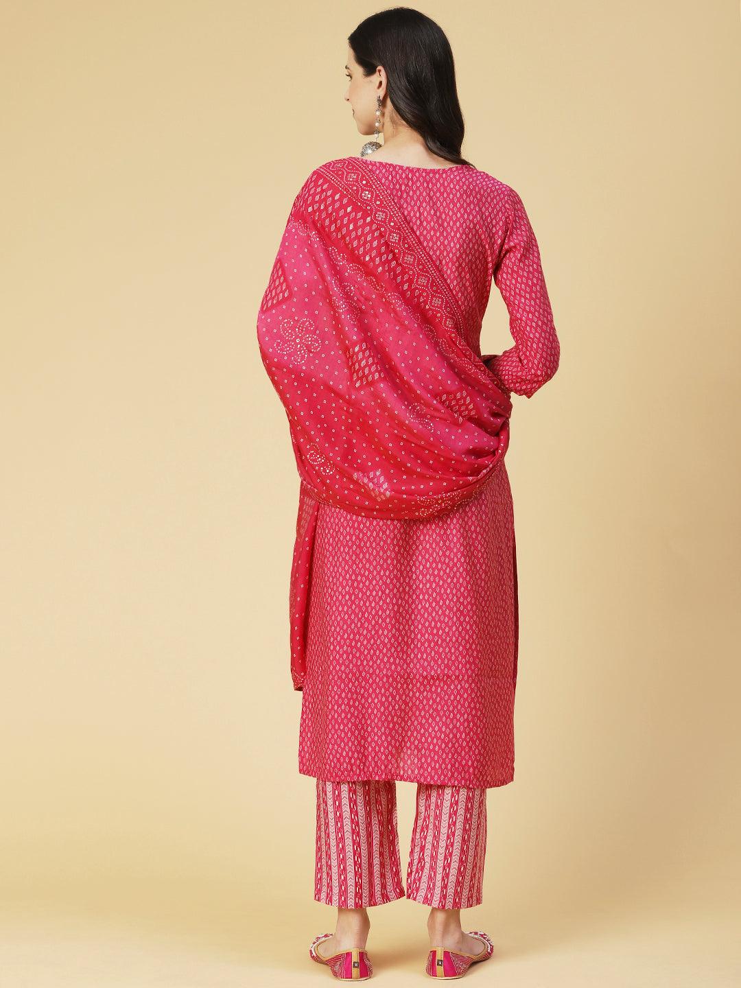 Ethnic Printed & Hand Embroidered Straight Kurta with Pant & Dupatta - Pink - Indiakreations