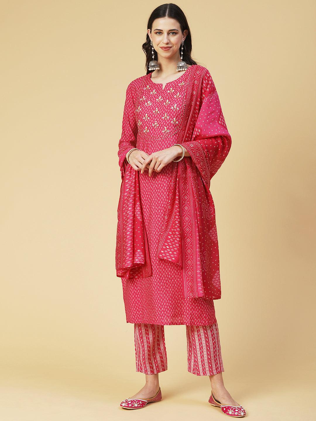 Ethnic Printed & Hand Embroidered Straight Kurta with Pant & Dupatta - Pink - Indiakreations