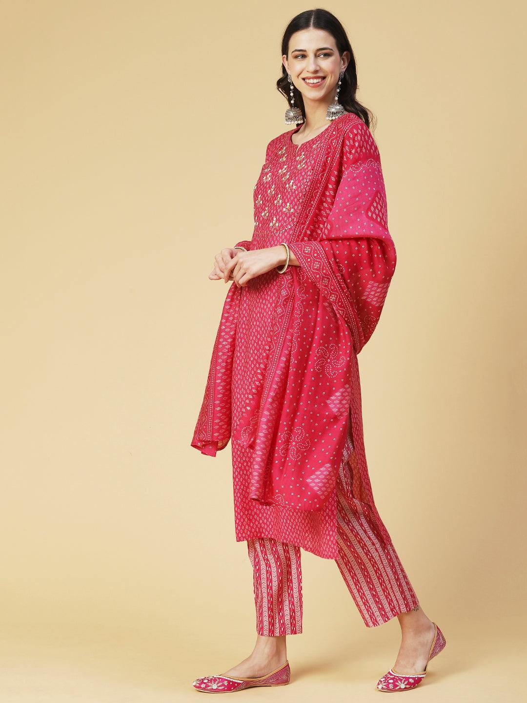 Ethnic Printed & Hand Embroidered Straight Kurta with Pant & Dupatta - Pink - Indiakreations