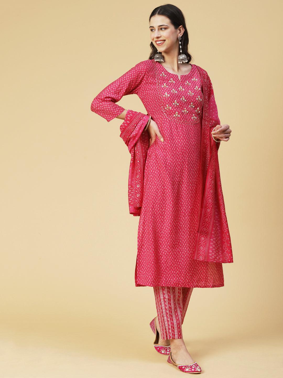 Ethnic Printed & Hand Embroidered Straight Kurta with Pant & Dupatta - Pink - Indiakreations