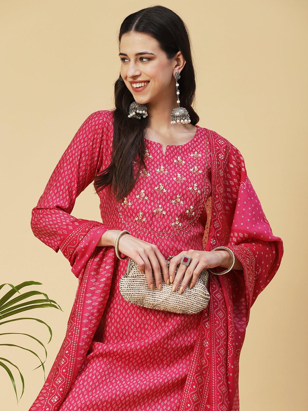 Ethnic Printed & Hand Embroidered Straight Kurta with Pant & Dupatta - Pink - Indiakreations