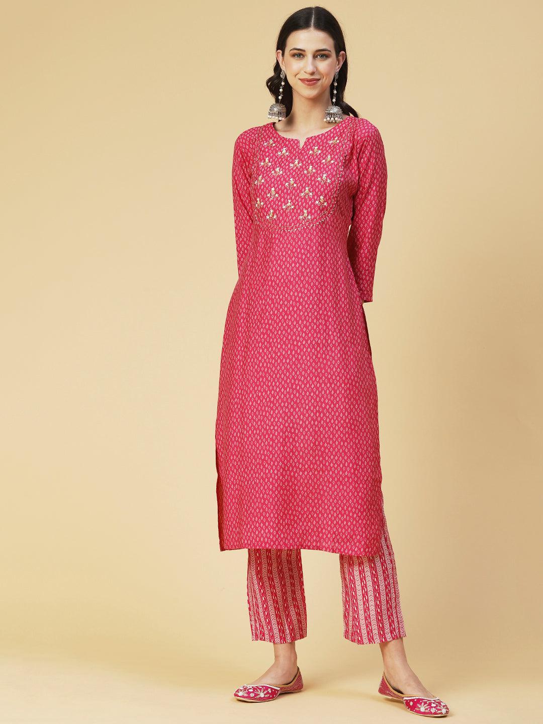 Ethnic Printed & Hand Embroidered Straight Kurta with Pant & Dupatta - Pink - Indiakreations