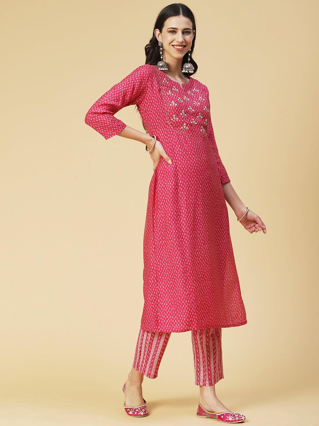 Ethnic Printed & Hand Embroidered Straight Kurta with Pant & Dupatta - Pink - Indiakreations