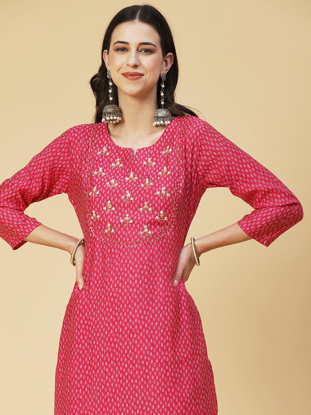 Ethnic Printed & Hand Embroidered Straight Kurta with Pant & Dupatta - Pink - Indiakreations