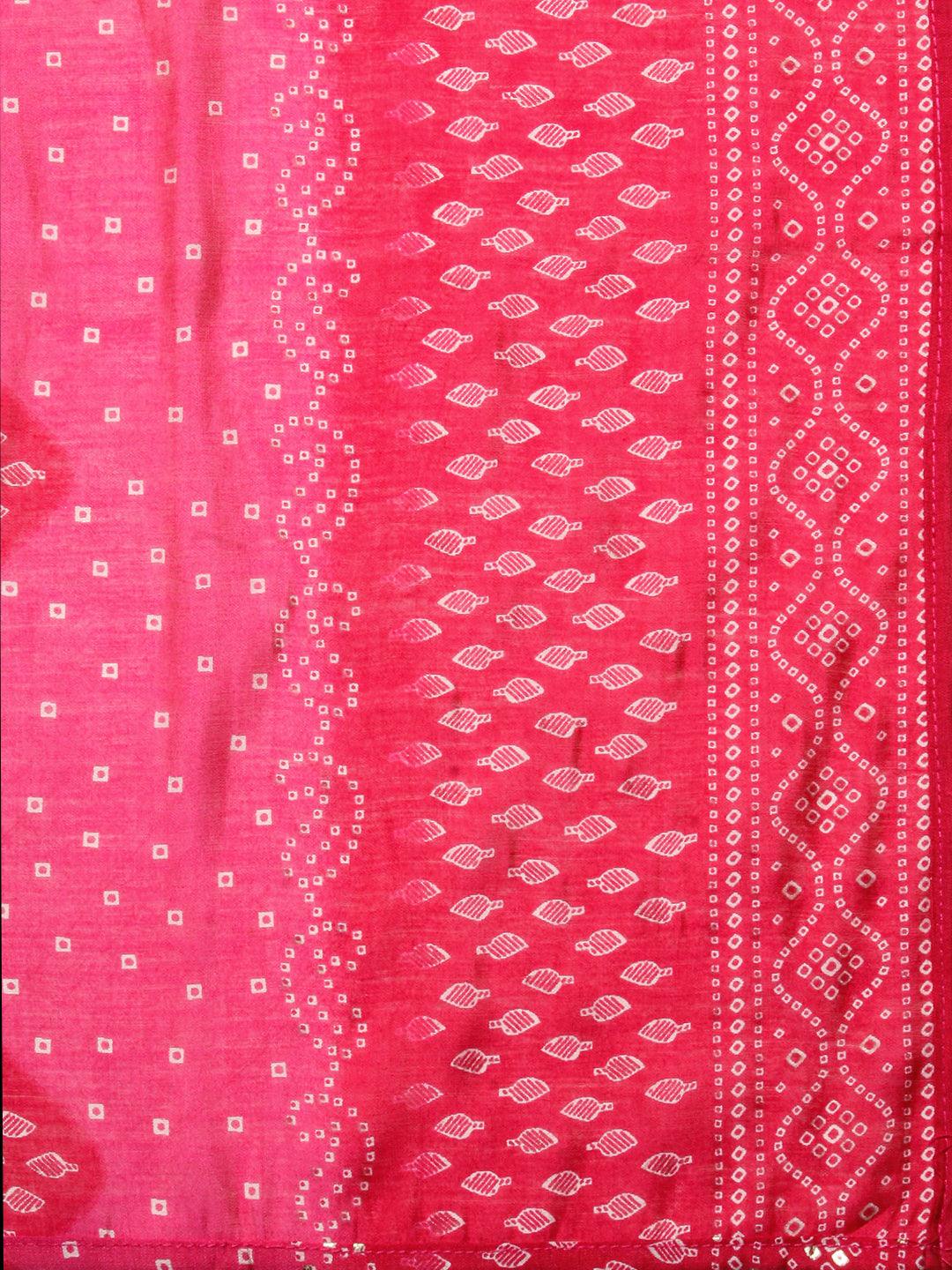 Ethnic Printed & Hand Embroidered Straight Kurta with Pant & Dupatta - Pink - Indiakreations