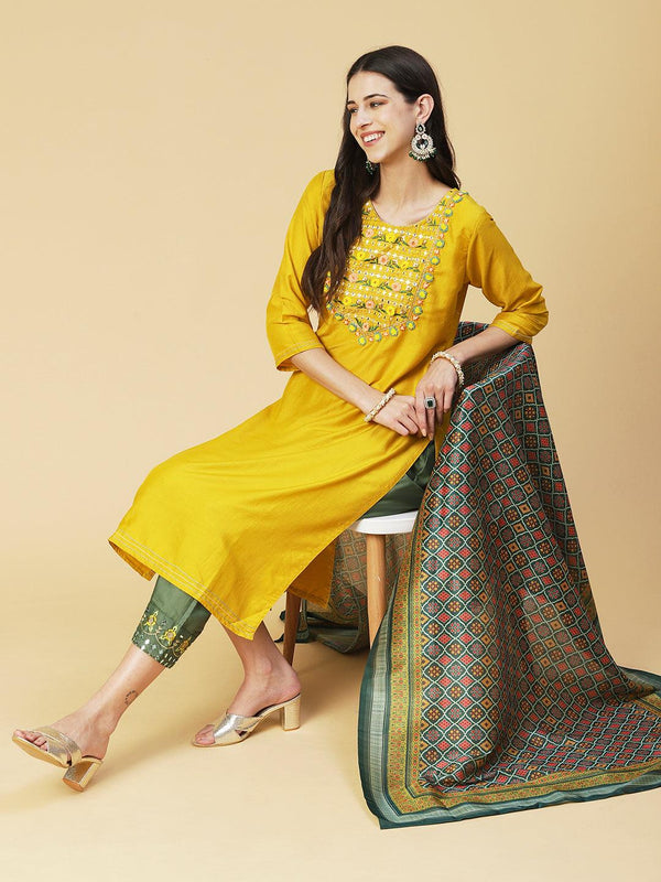 Solid Mirror Embroidered Kurta with Pants & printed Dupatta - Yellow - Indiakreations