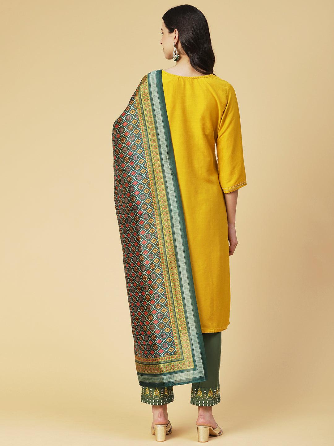 Solid Mirror Embroidered Kurta with Pants & printed Dupatta - Yellow - Indiakreations