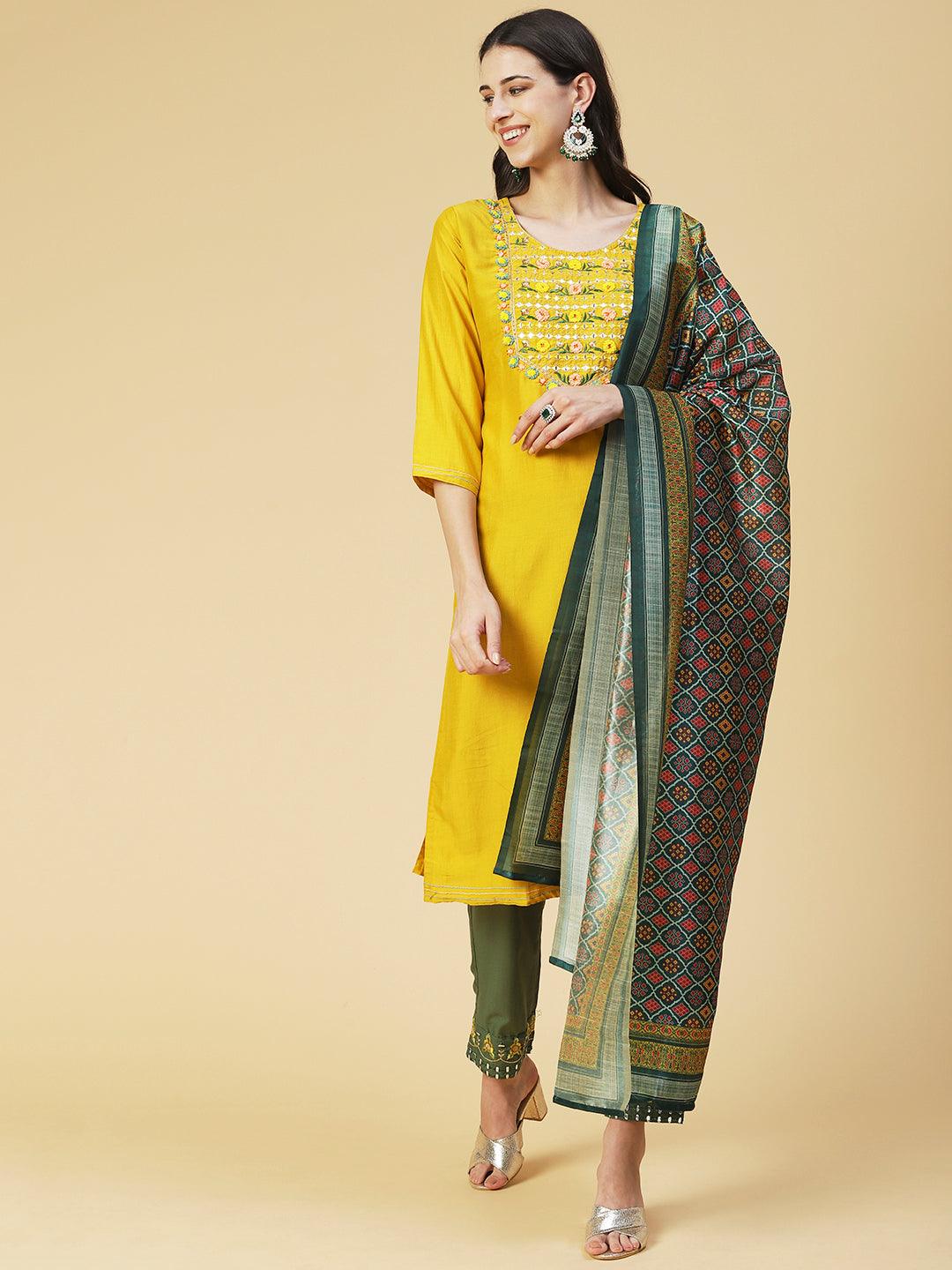 Solid Mirror Embroidered Kurta with Pants & printed Dupatta - Yellow - Indiakreations