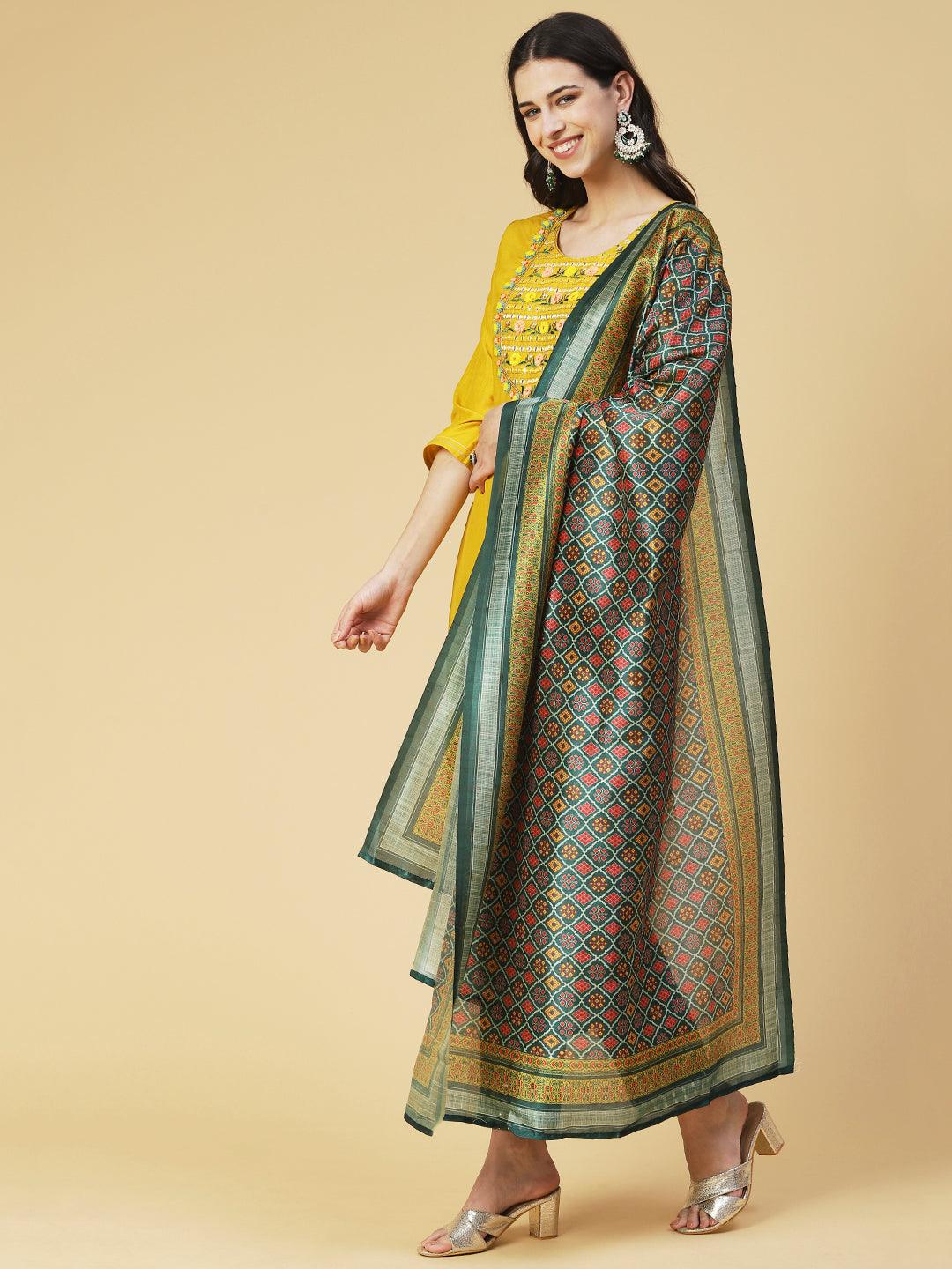 Solid Mirror Embroidered Kurta with Pants & printed Dupatta - Yellow - Indiakreations